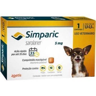 ANTIPULGAS SIMPARIC 5MG PARA CÃES DE 1,3 A 2,5KG