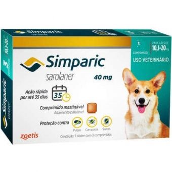 ANTIPULGAS SIMPARIC 40MG PARA CÃES DE 10,1 A 20,0KG